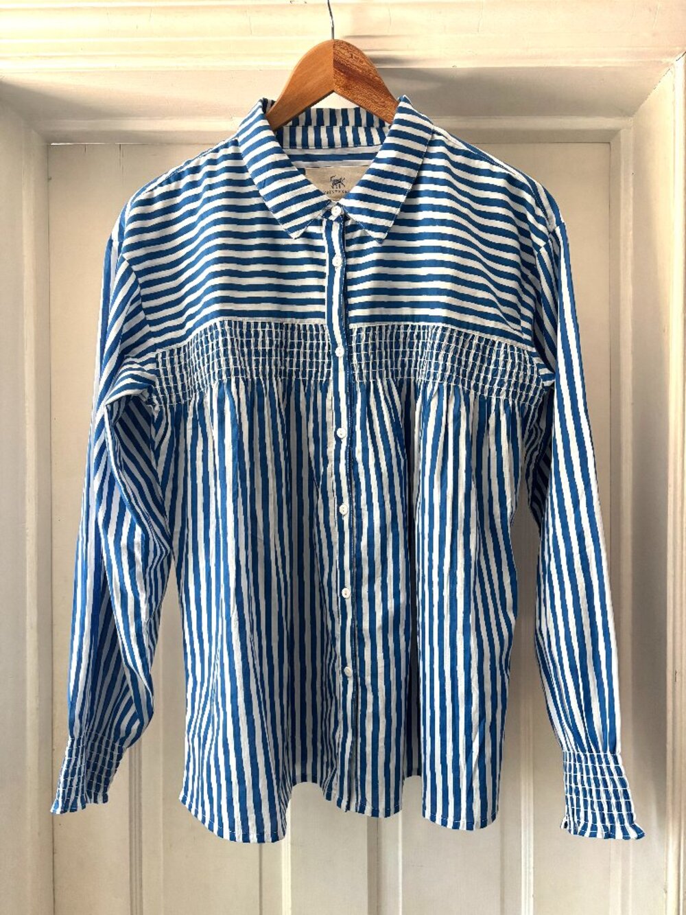 Printfresh Easy Street Button Down Blouse Navy Stripes Smocked Size Medium